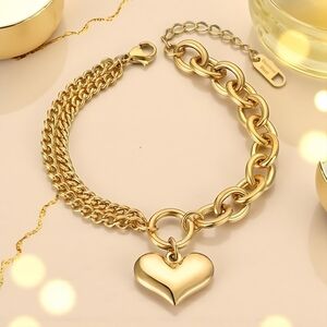 Trendy Heart Charm 18K Gold Plated Stainless Steel Double Chain Bracelet